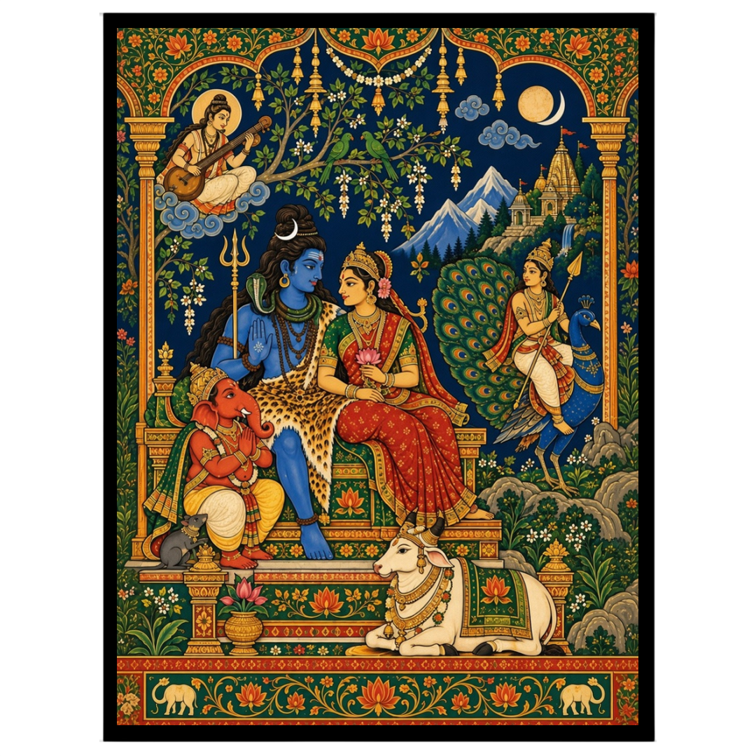 This exquisite artwork captures the divine assembly of Lord Shiva, Goddess Parvati, and Lord for house