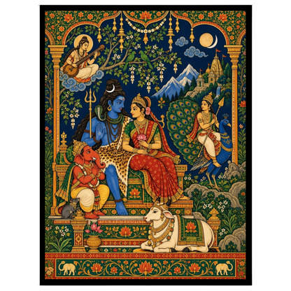 This exquisite artwork captures the divine assembly of Lord Shiva, Goddess Parvati, and Lord for house