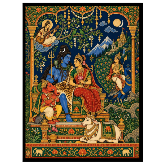 This exquisite artwork captures the divine assembly of Lord Shiva, Goddess Parvati, and Lord for house