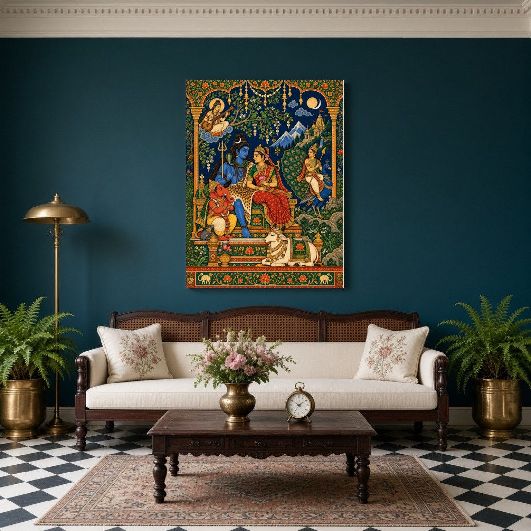 This exquisite artwork captures the divine assembly of Lord Shiva, Goddess Parvati, and Lord for Living Room