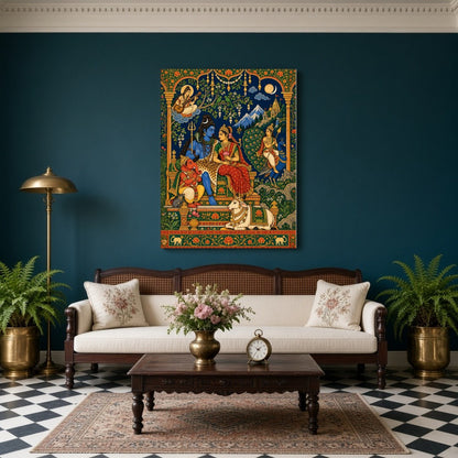 This exquisite artwork captures the divine assembly of Lord Shiva, Goddess Parvati, and Lord for Living Room
