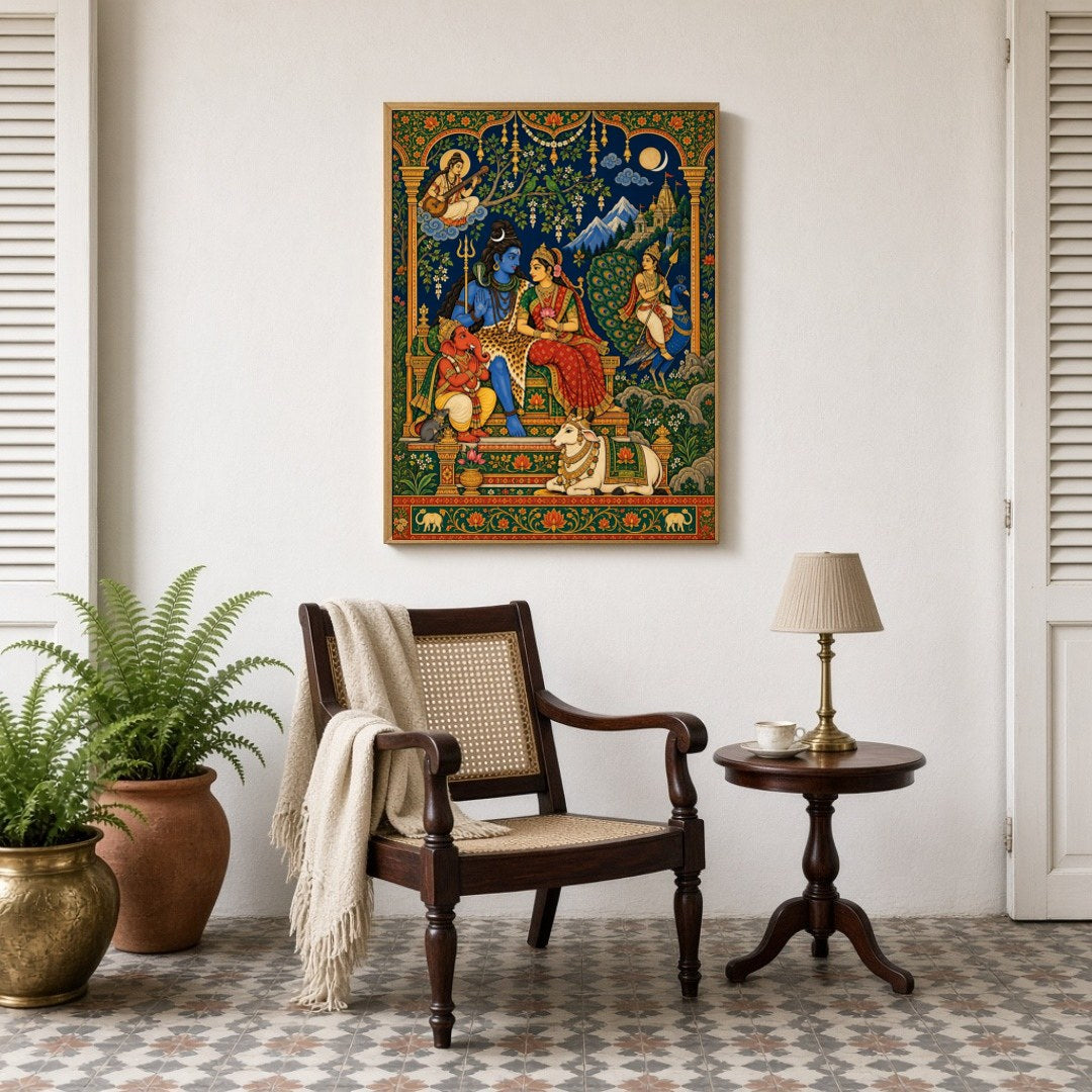 This exquisite artwork captures the divine assembly of Lord Shiva, Goddess Parvati, and Lord for Sitting Lounge