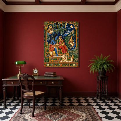 This exquisite artwork captures the divine assembly of Lord Shiva, Goddess Parvati, and Lord for Study