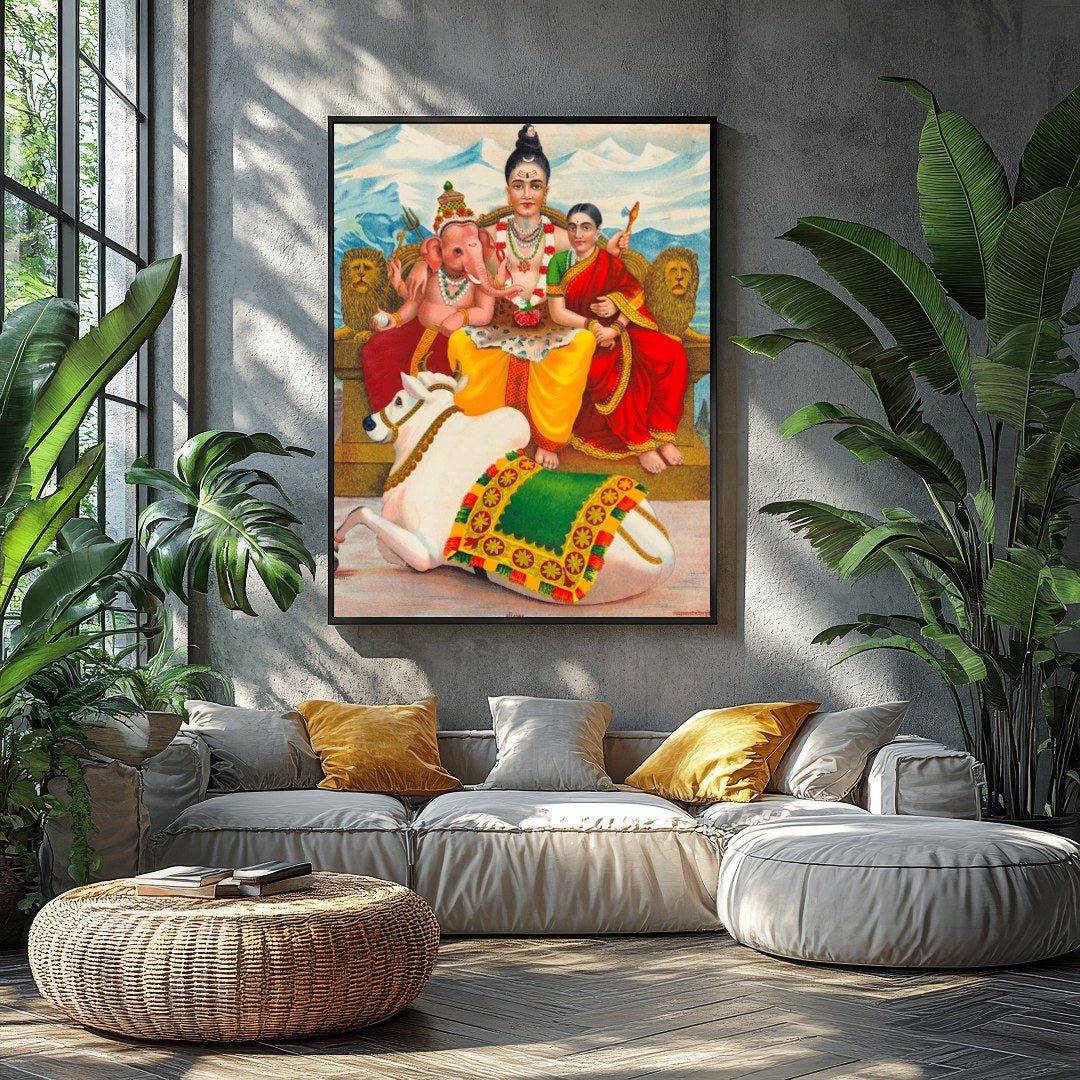 This captivating artwork depicts a serene family scene, deeply rooted in cultural symbolism. Set for Balcony