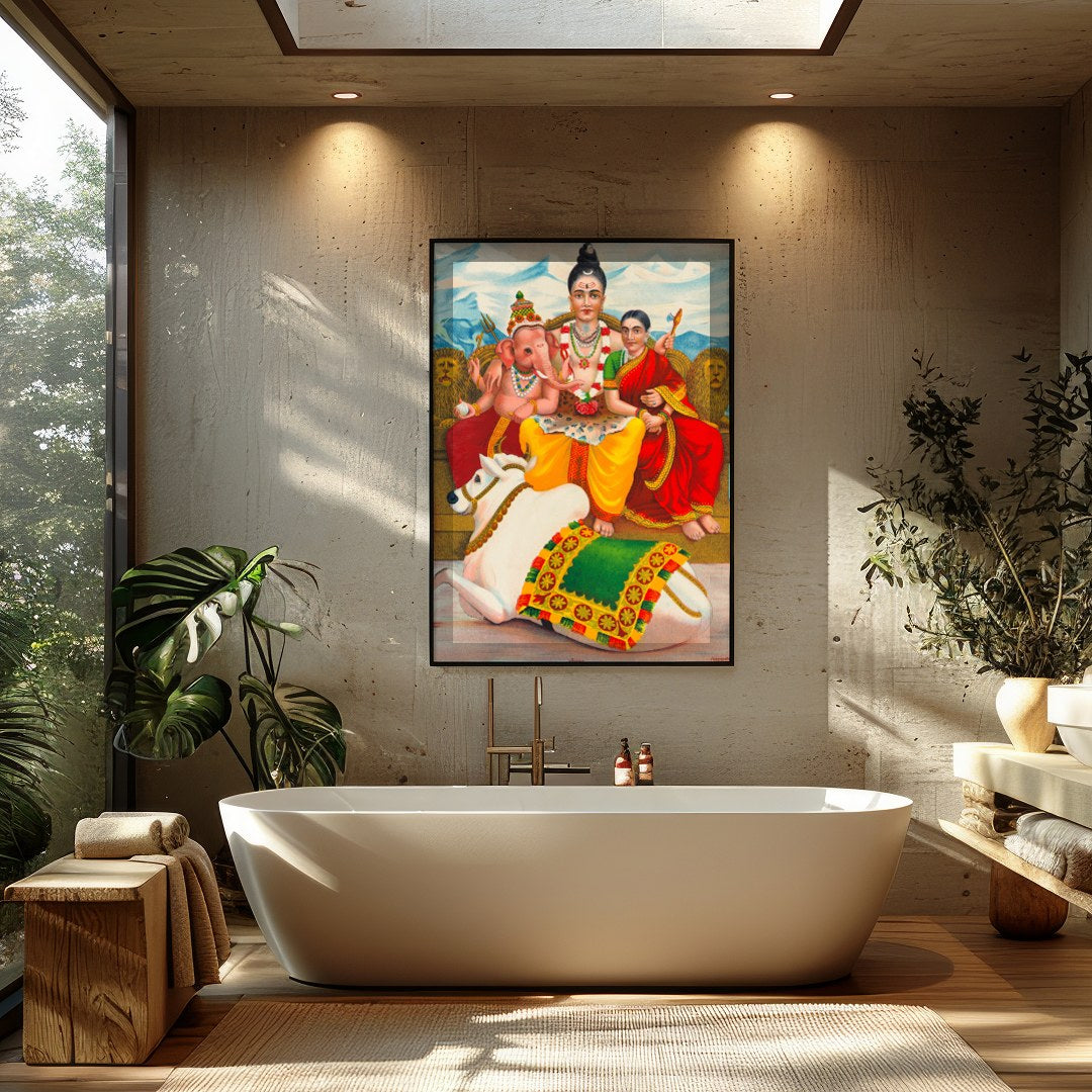 This captivating artwork depicts a serene family scene, deeply rooted in cultural symbolism. Set for Bathroom