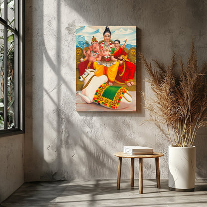 This captivating artwork depicts a serene family scene, deeply rooted in cultural symbolism. Set for Entrance