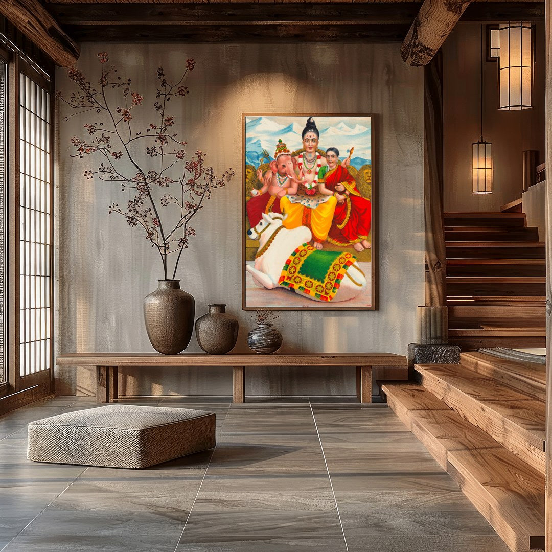 This captivating artwork depicts a serene family scene, deeply rooted in cultural symbolism. Set for Hall
