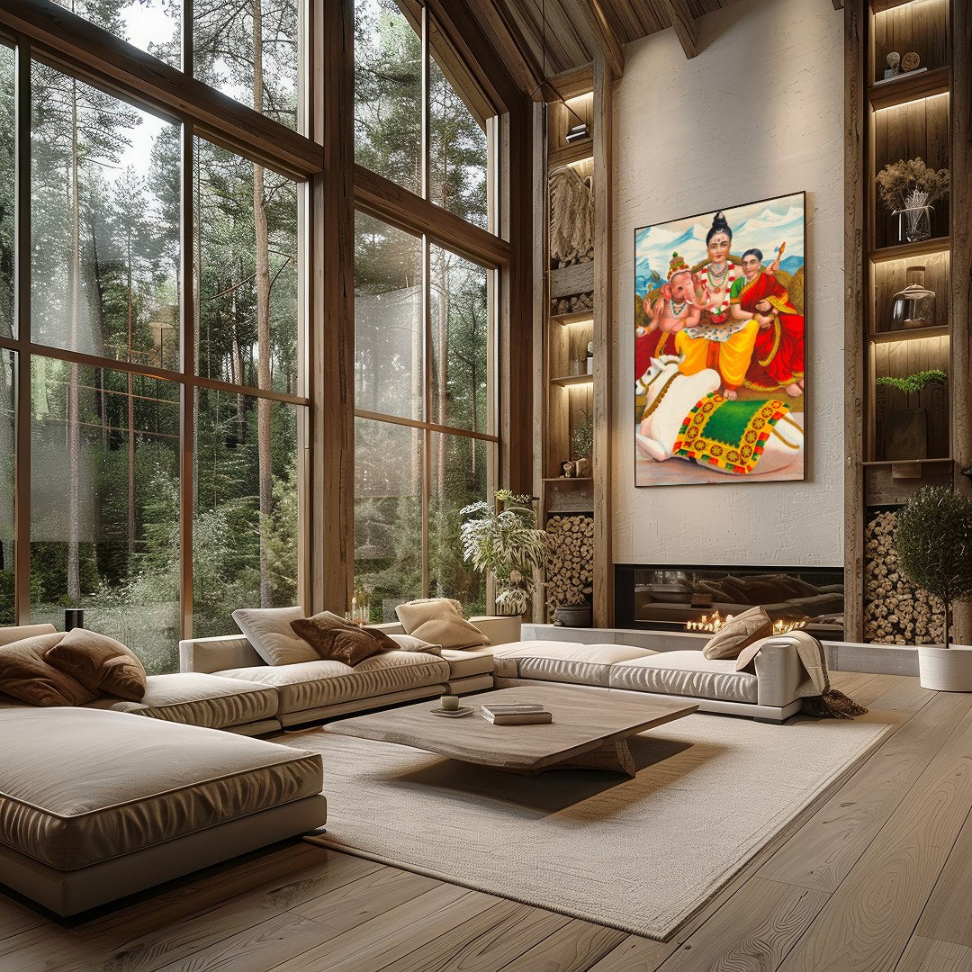 This captivating artwork depicts a serene family scene, deeply rooted in cultural symbolism. Set for Living Room
