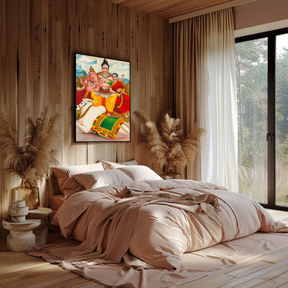 This captivating artwork depicts a serene family scene, deeply rooted in cultural symbolism. Set for nook