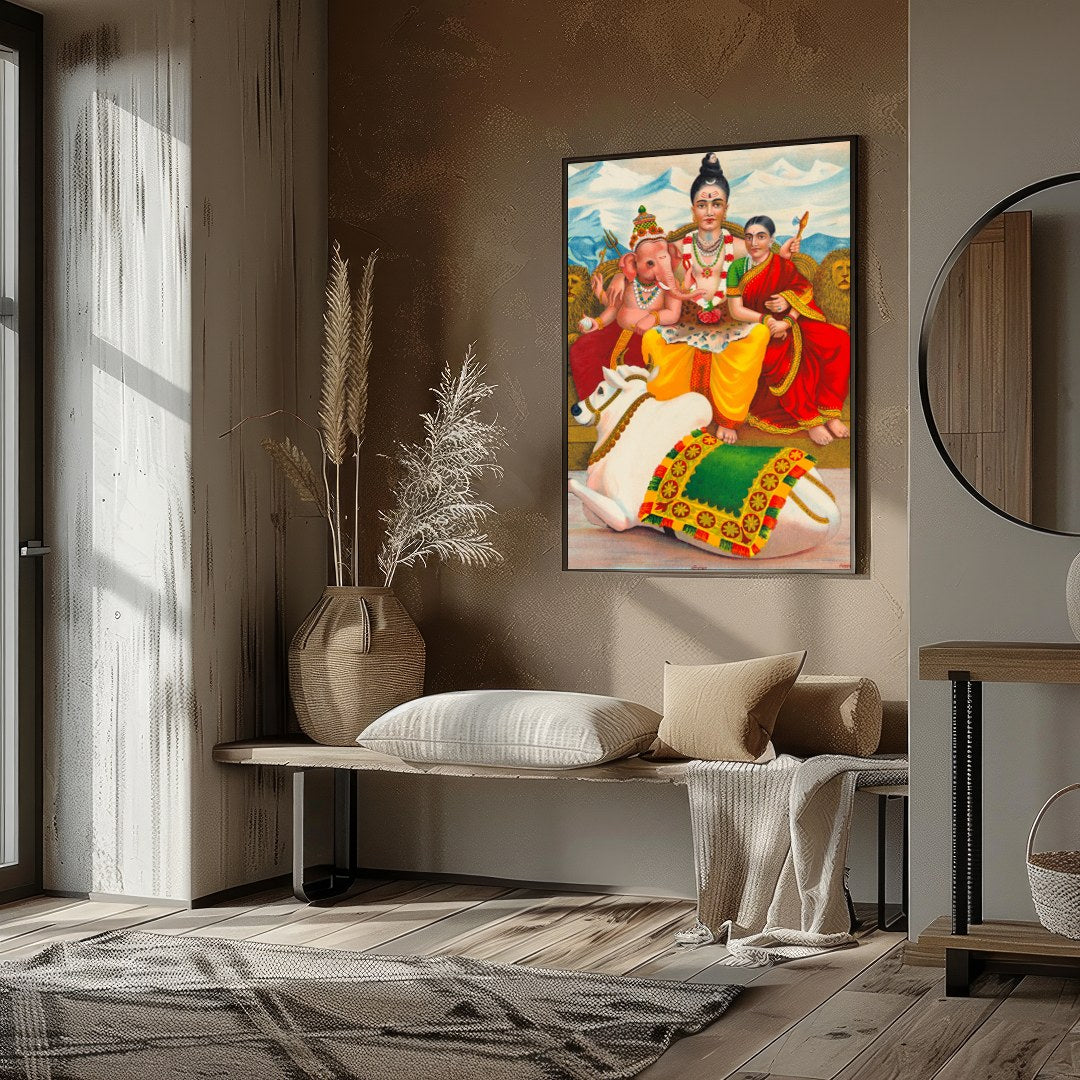 This captivating artwork depicts a serene family scene, deeply rooted in cultural symbolism. Set for retreat