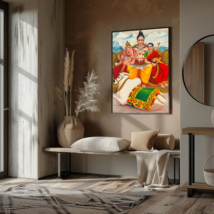 This captivating artwork depicts a serene family scene, deeply rooted in cultural symbolism. Set for retreat