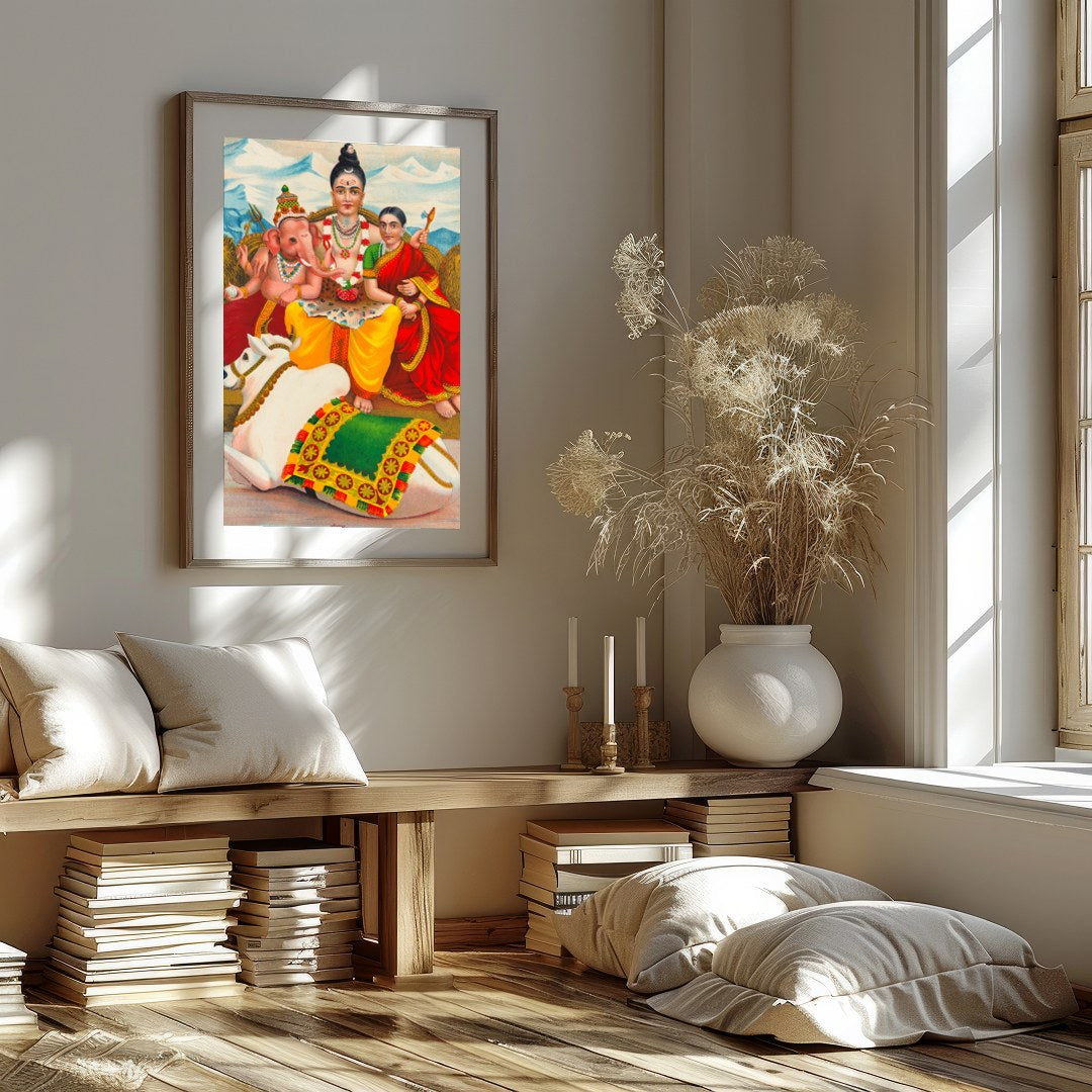 This captivating artwork depicts a serene family scene, deeply rooted in cultural symbolism. Set for studio