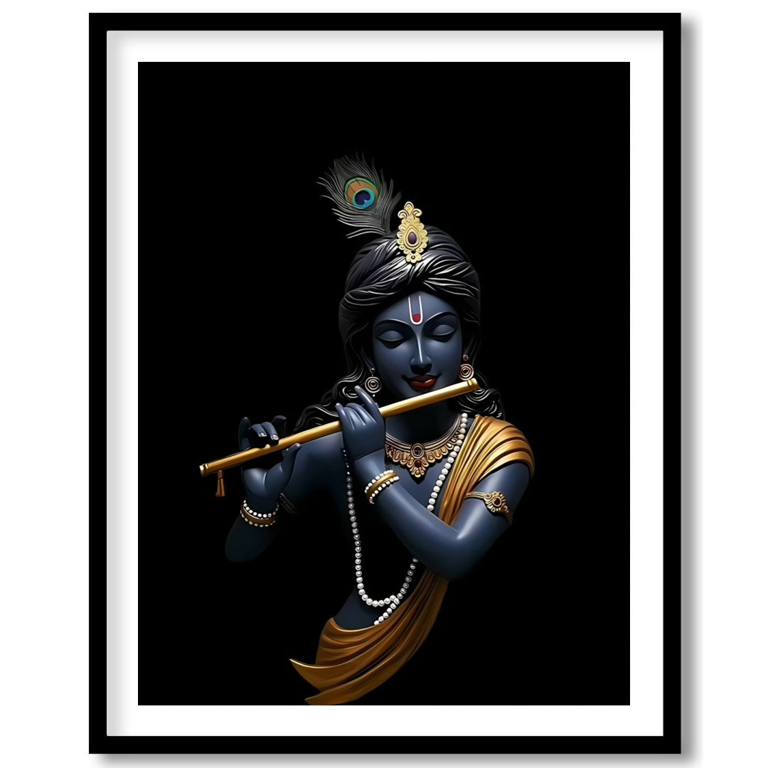 This stunning artwork captures the serene elegance of a divine figure playing a flute, set against for abode