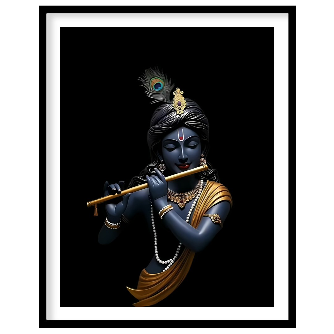 This stunning artwork captures the serene elegance of a divine figure playing a flute, set against for abode