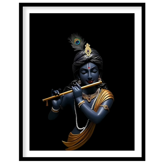 This stunning artwork captures the serene elegance of a divine figure playing a flute, set against for abode