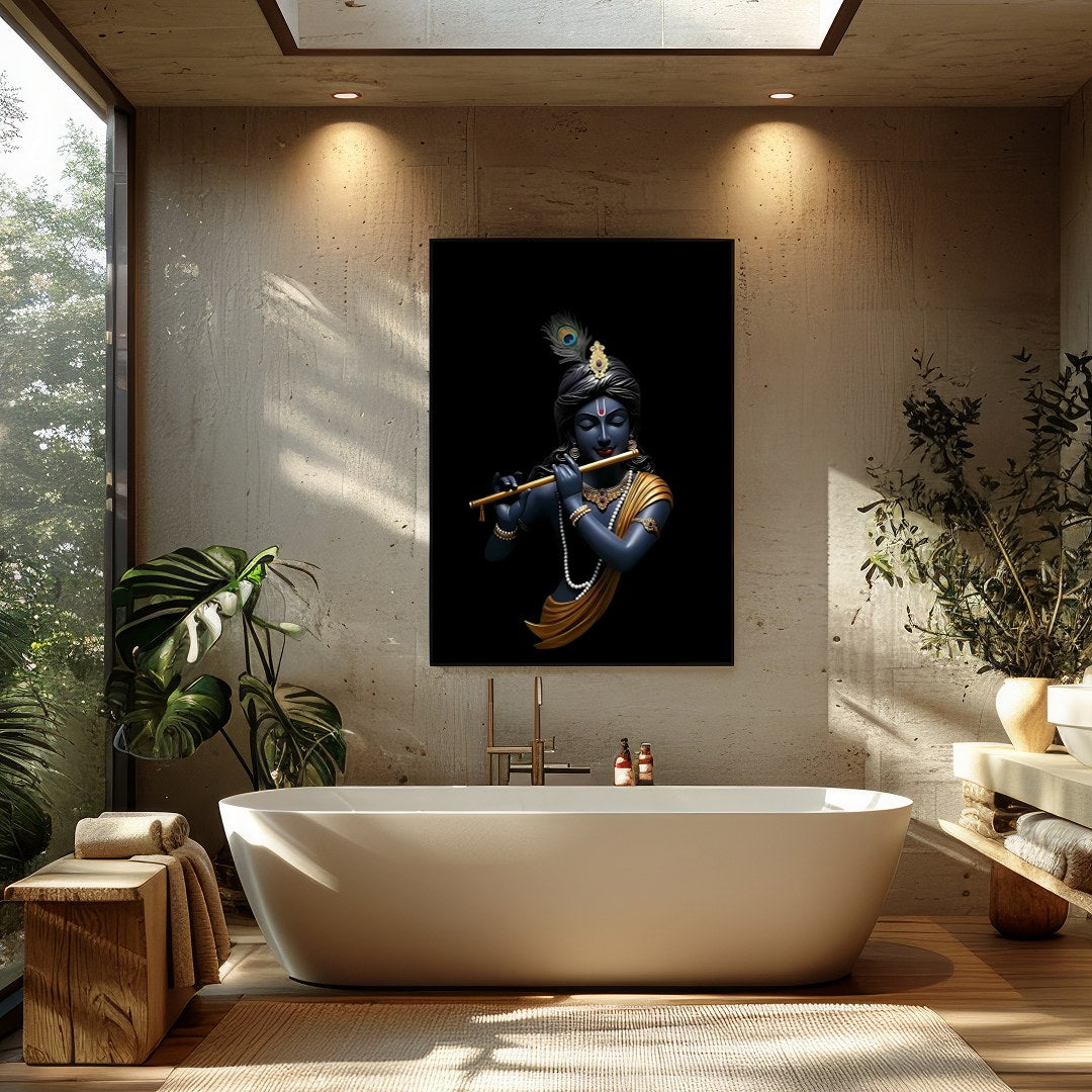 This stunning artwork captures the serene elegance of a divine figure playing a flute, set against for Bathroom