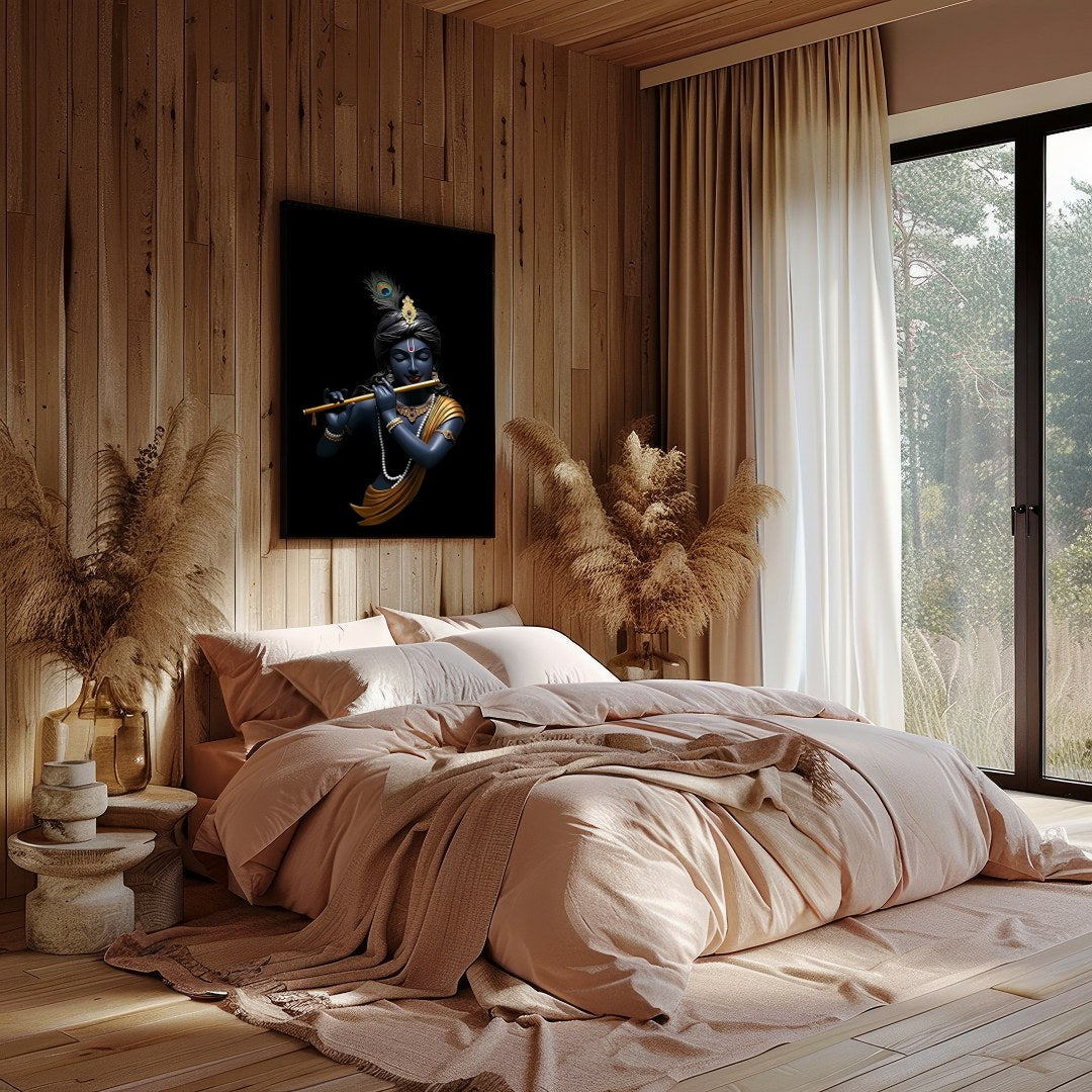 This stunning artwork captures the serene elegance of a divine figure playing a flute, set against for Bedroom