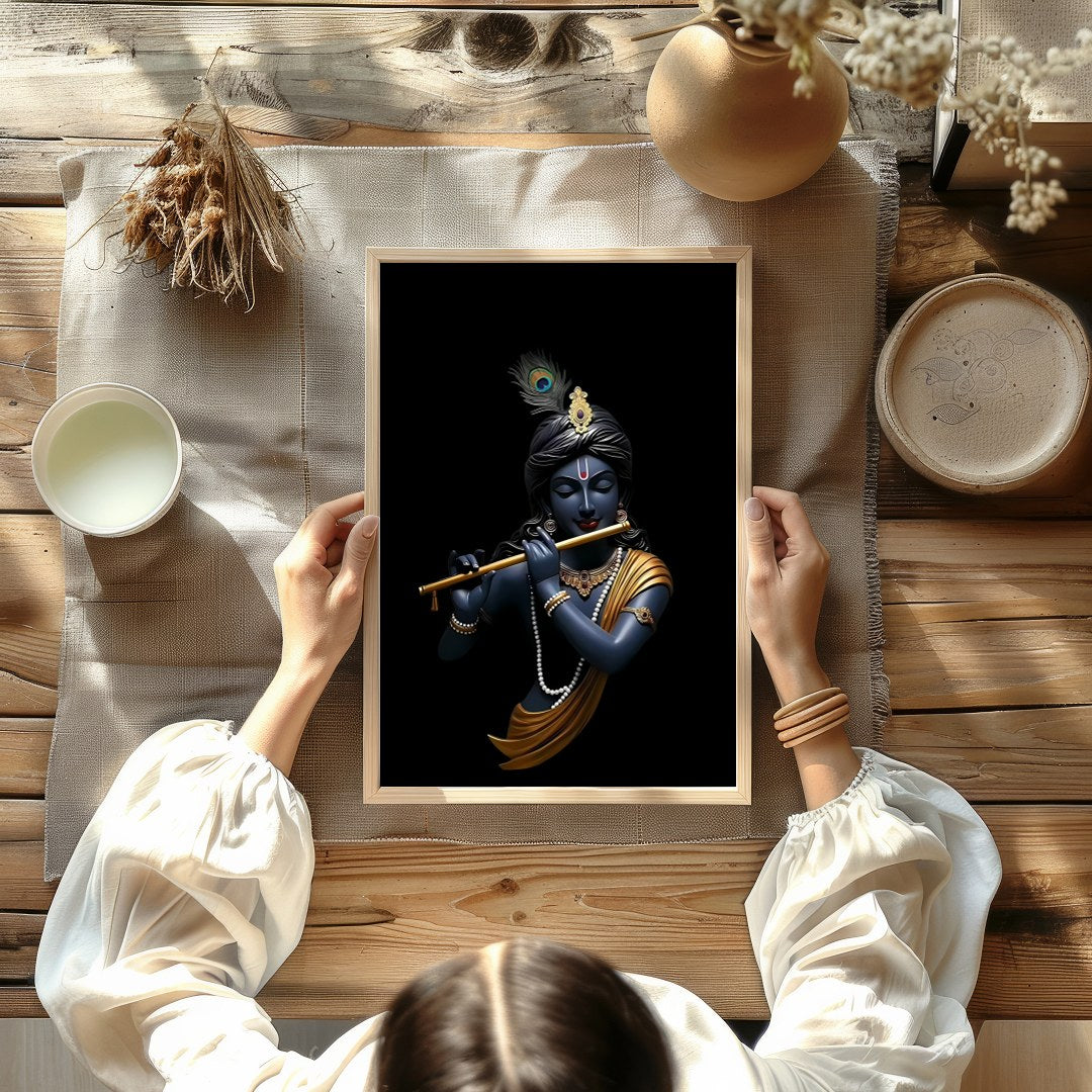 This stunning artwork captures the serene elegance of a divine figure playing a flute, set against for decor