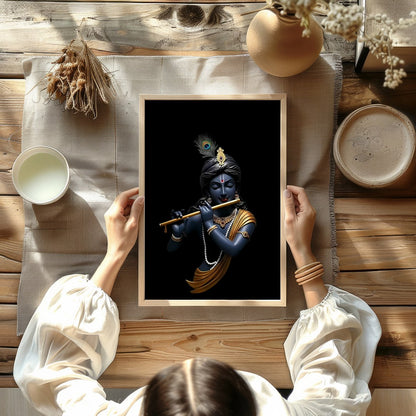 This stunning artwork captures the serene elegance of a divine figure playing a flute, set against for decor