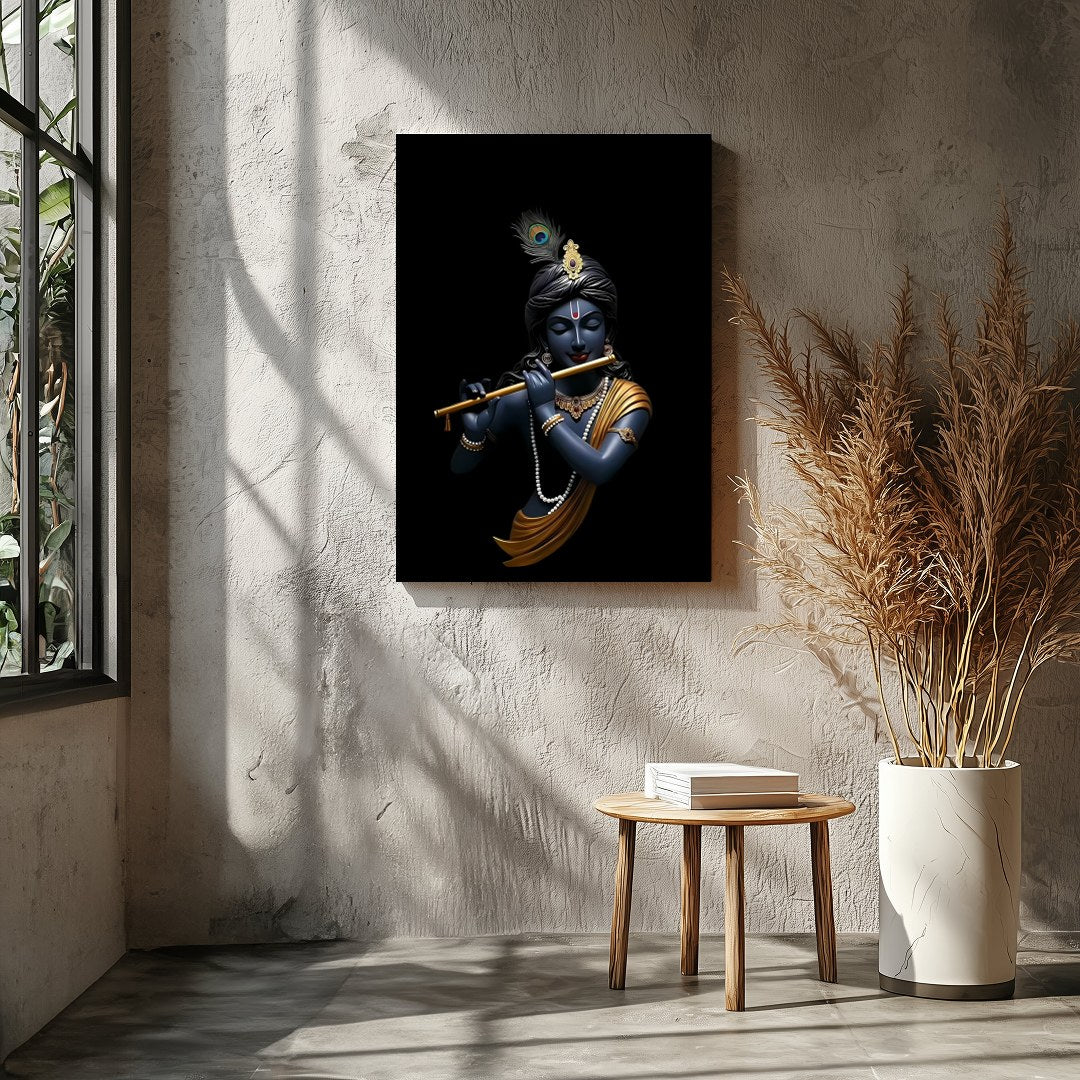This stunning artwork captures the serene elegance of a divine figure playing a flute, set against for Entrance