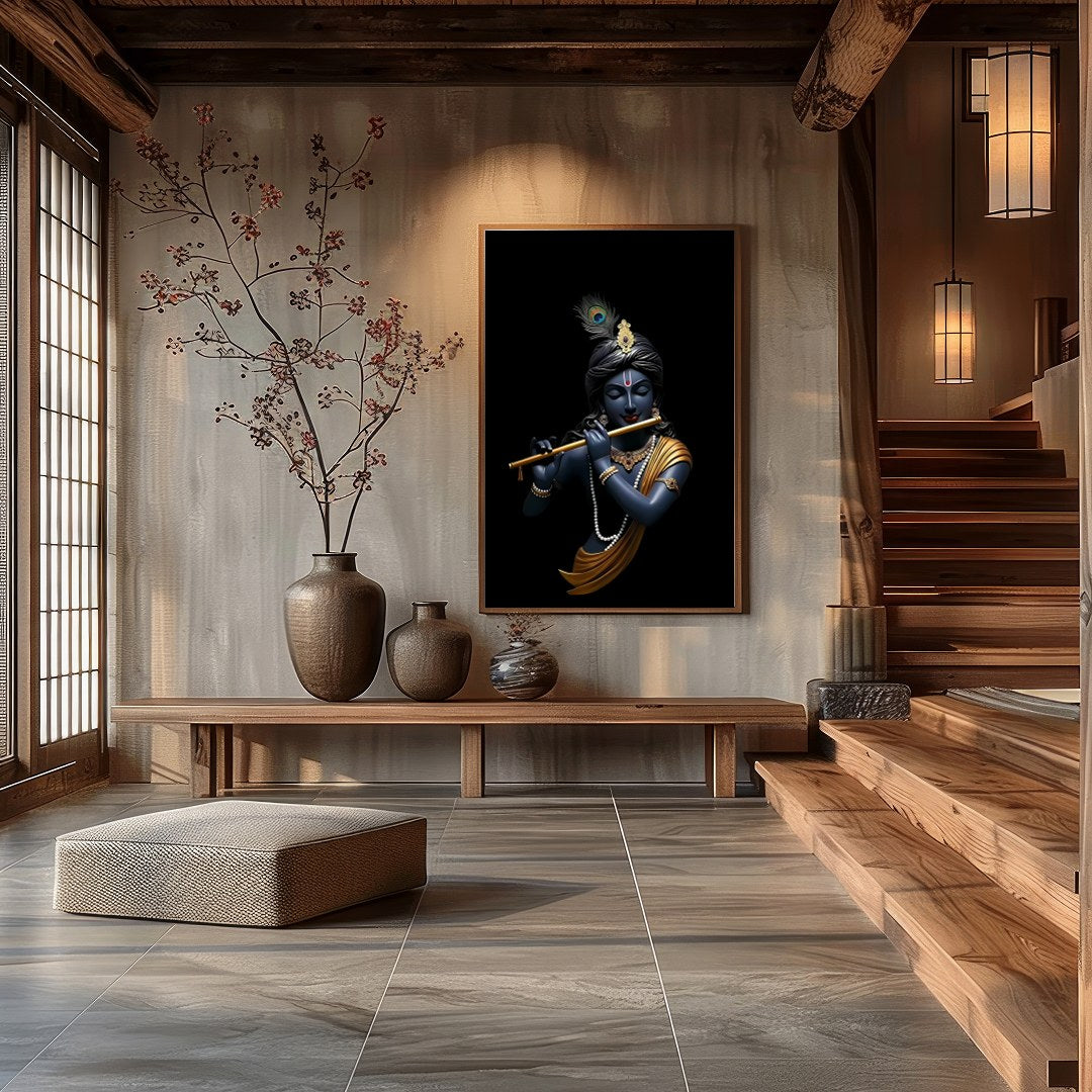 This stunning artwork captures the serene elegance of a divine figure playing a flute, set against for Hall