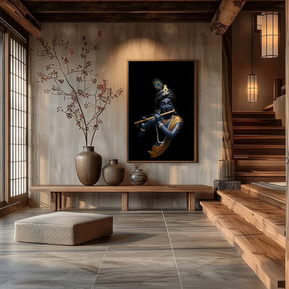 This stunning artwork captures the serene elegance of a divine figure playing a flute, set against for Hall
