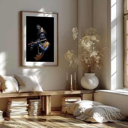 This stunning artwork captures the serene elegance of a divine figure playing a flute, set against for interior