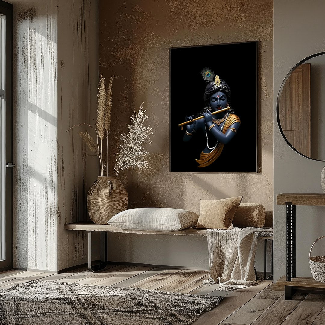 This stunning artwork captures the serene elegance of a divine figure playing a flute, set against for kitchen