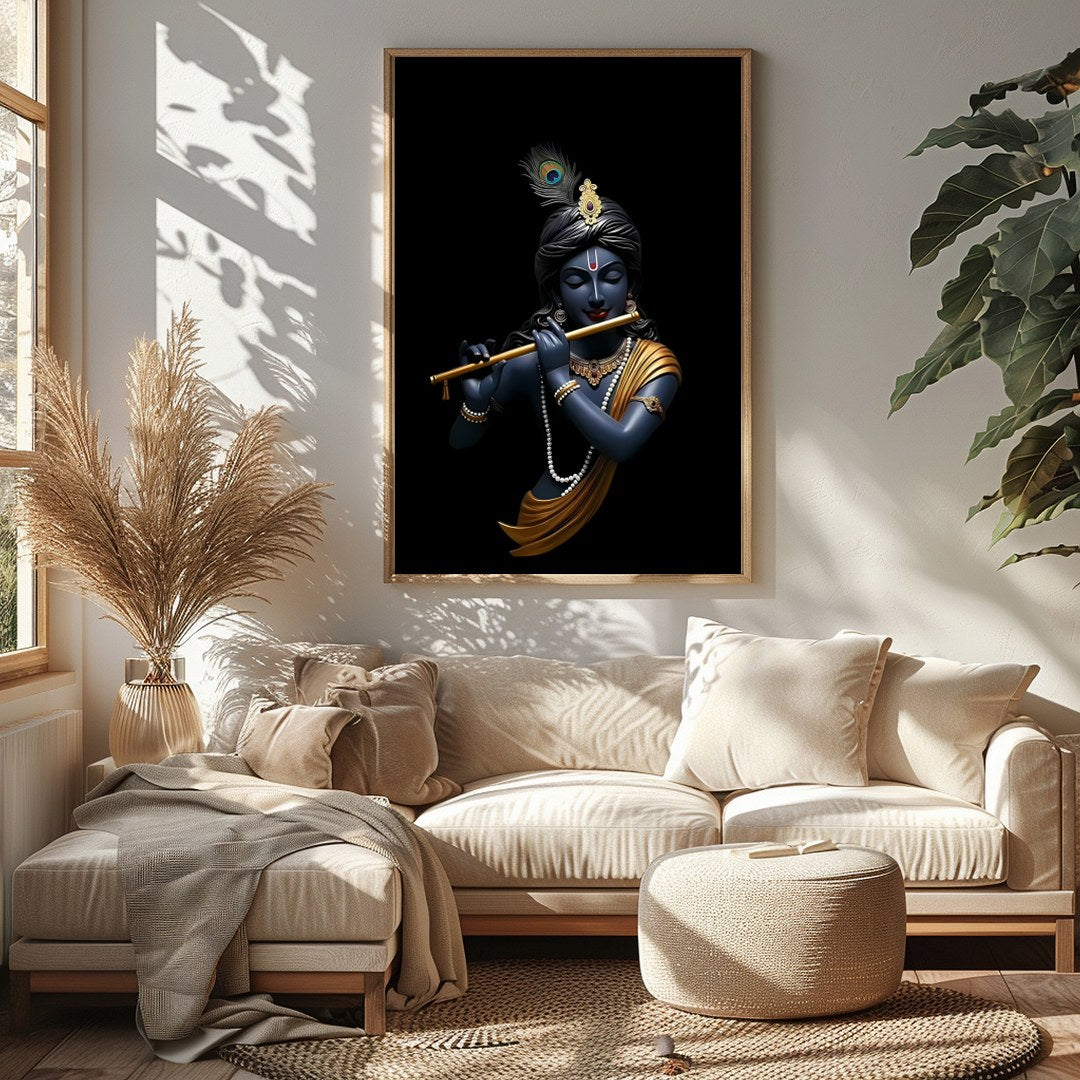 This stunning artwork captures the serene elegance of a divine figure playing a flute, set against for Sitting Area