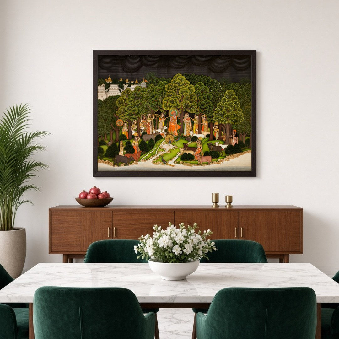 Experience the divine connection between Krishna and Radha amidst a serene forest setting. This for Dining