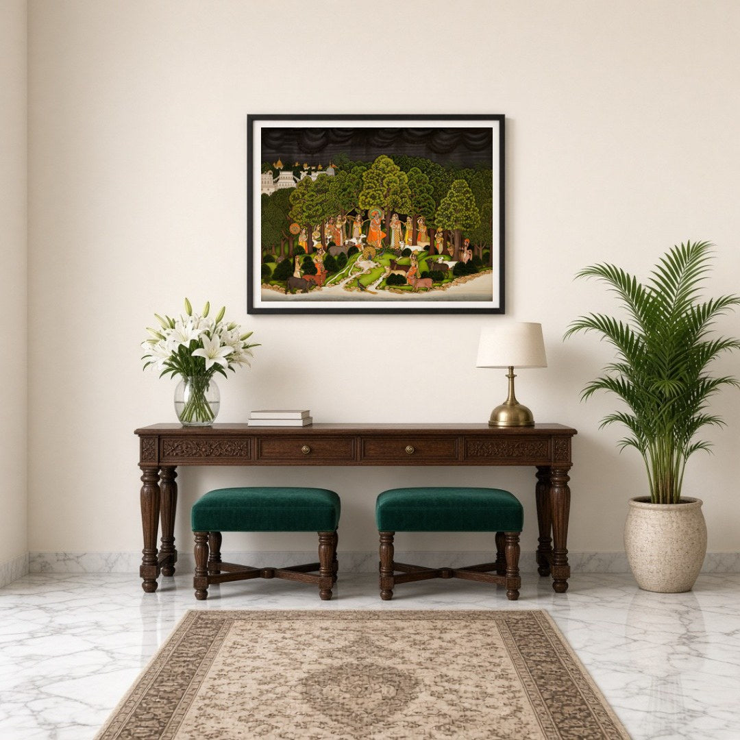 Experience the divine connection between Krishna and Radha amidst a serene forest setting. This for Entrance