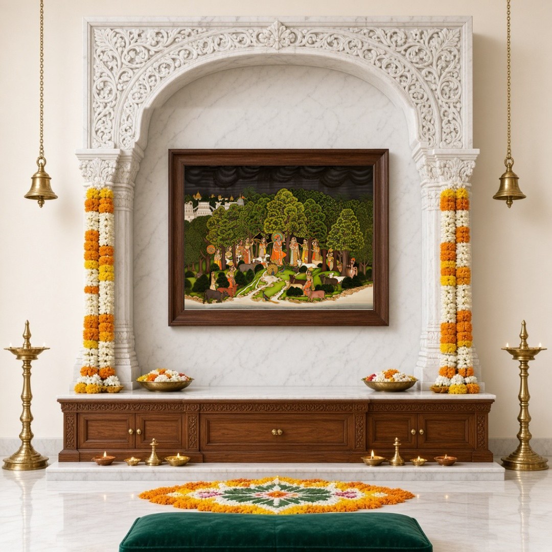 Experience the divine connection between Krishna and Radha amidst a serene forest setting. This for Home Temple