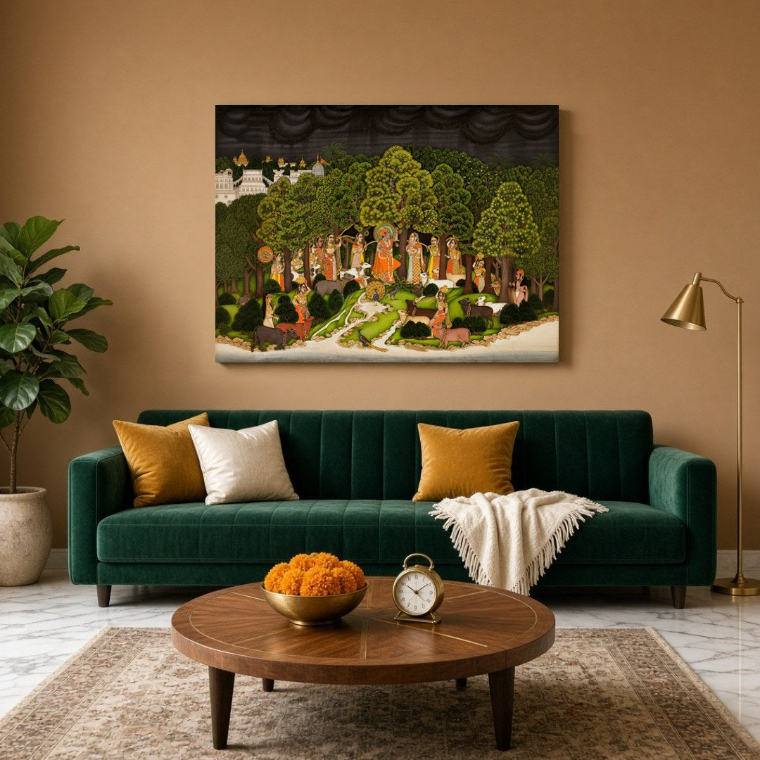 Experience the divine connection between Krishna and Radha amidst a serene forest setting. This for Living Room