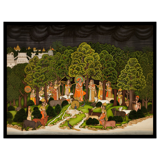 Experience the divine connection between Krishna and Radha amidst a serene forest setting. This for lovely-house