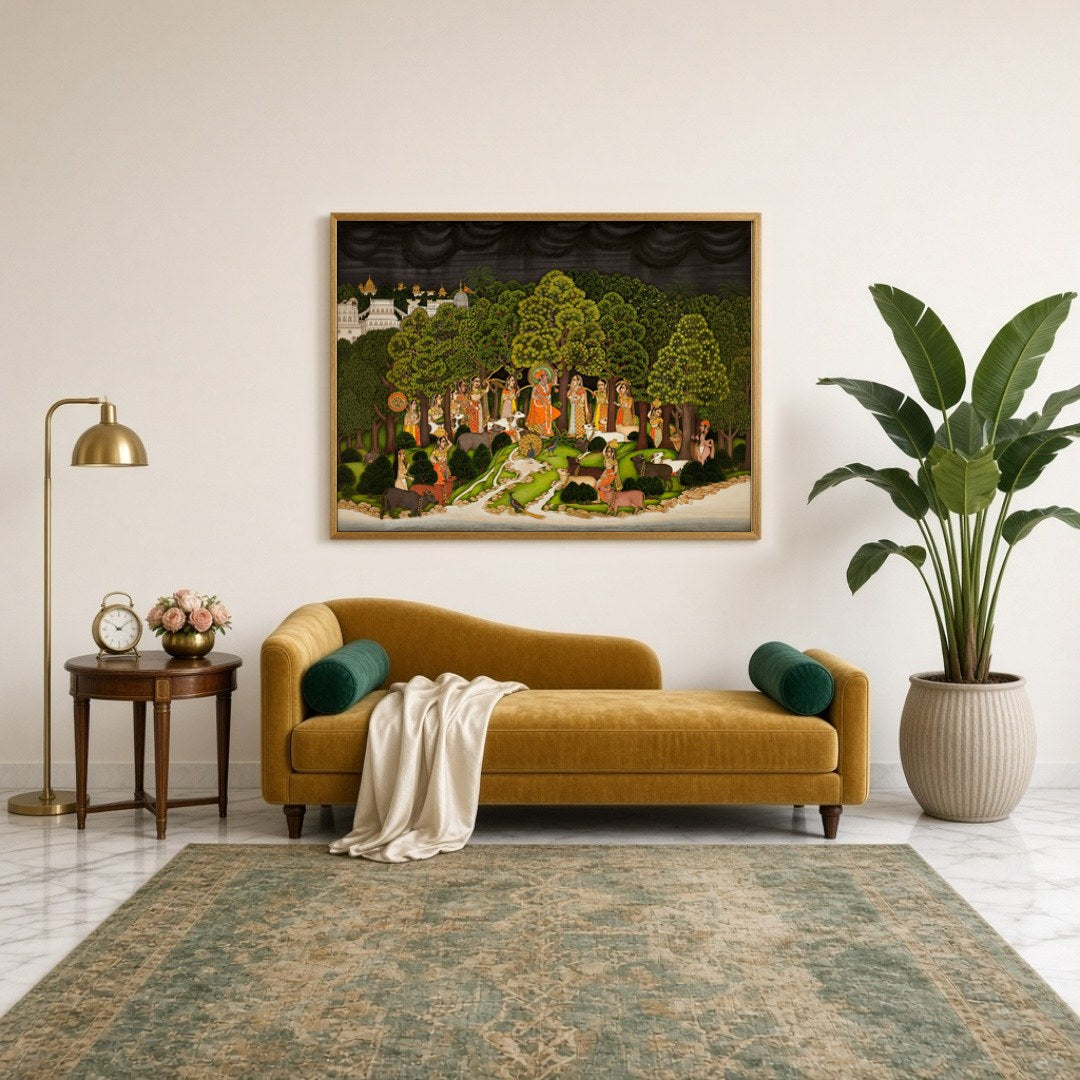 Experience the divine connection between Krishna and Radha amidst a serene forest setting. This for Sitting Lounge