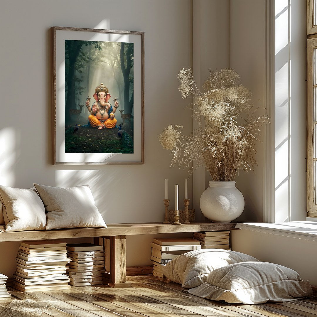 Immerse yourself in tranquility with this captivating artwork depicting Lord Ganesha, seated for bedroom