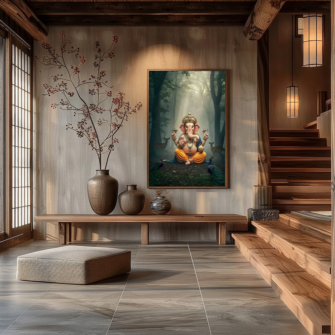 Immerse yourself in tranquility with this captivating artwork depicting Lord Ganesha, seated for Hall