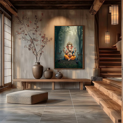 Immerse yourself in tranquility with this captivating artwork depicting Lord Ganesha, seated for Hall