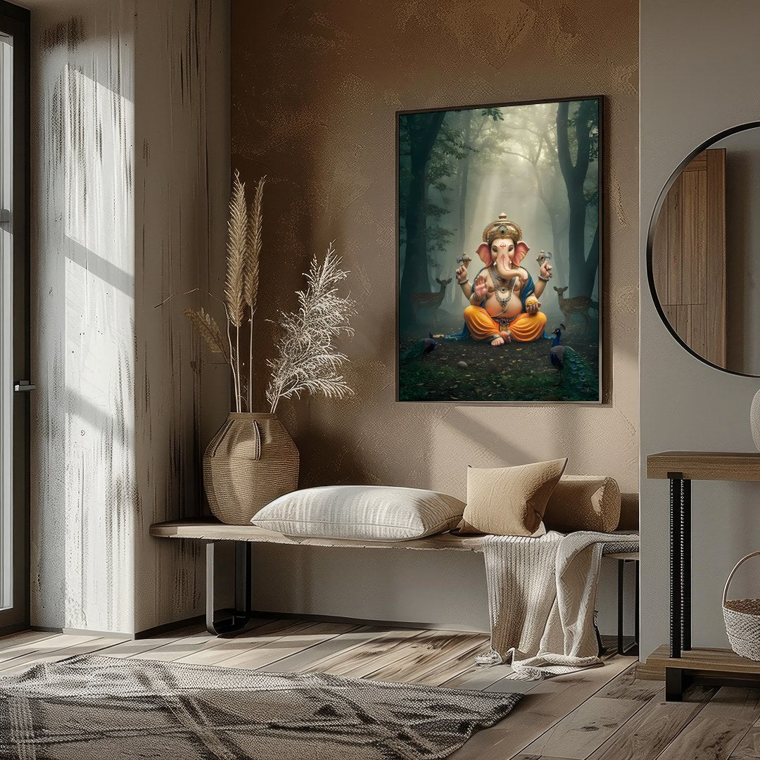 Immerse yourself in tranquility with this captivating artwork depicting Lord Ganesha, seated for hallway