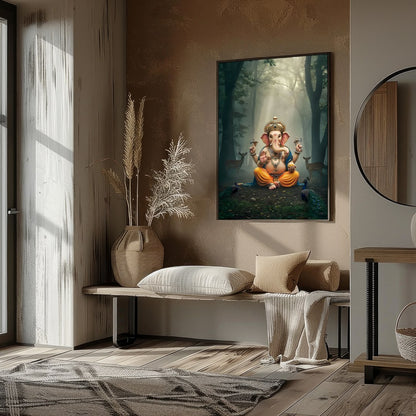 Immerse yourself in tranquility with this captivating artwork depicting Lord Ganesha, seated for hallway