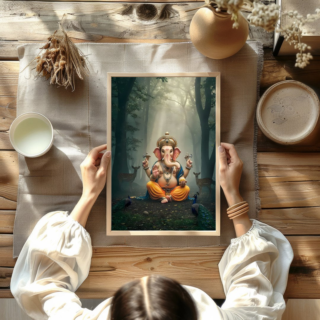 Immerse yourself in tranquility with this captivating artwork depicting Lord Ganesha, seated for Kitchen