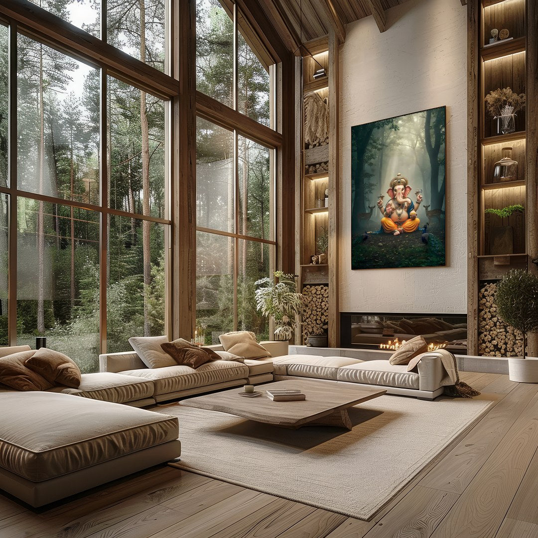 Immerse yourself in tranquility with this captivating artwork depicting Lord Ganesha, seated for Living Room