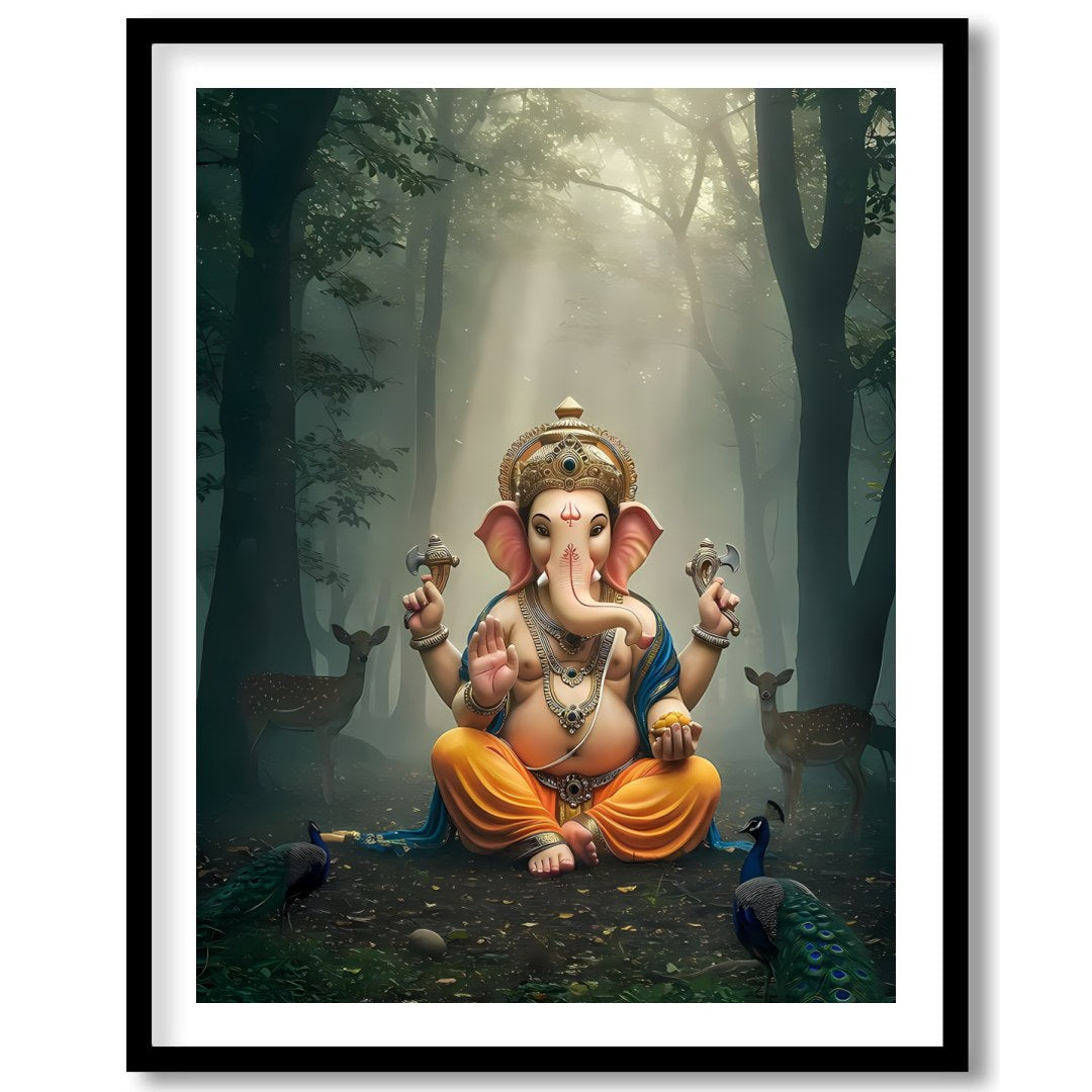 Immerse yourself in tranquility with this captivating artwork depicting Lord Ganesha, seated for room