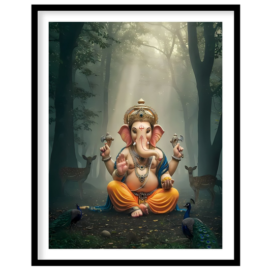 Immerse yourself in tranquility with this captivating artwork depicting Lord Ganesha, seated for room