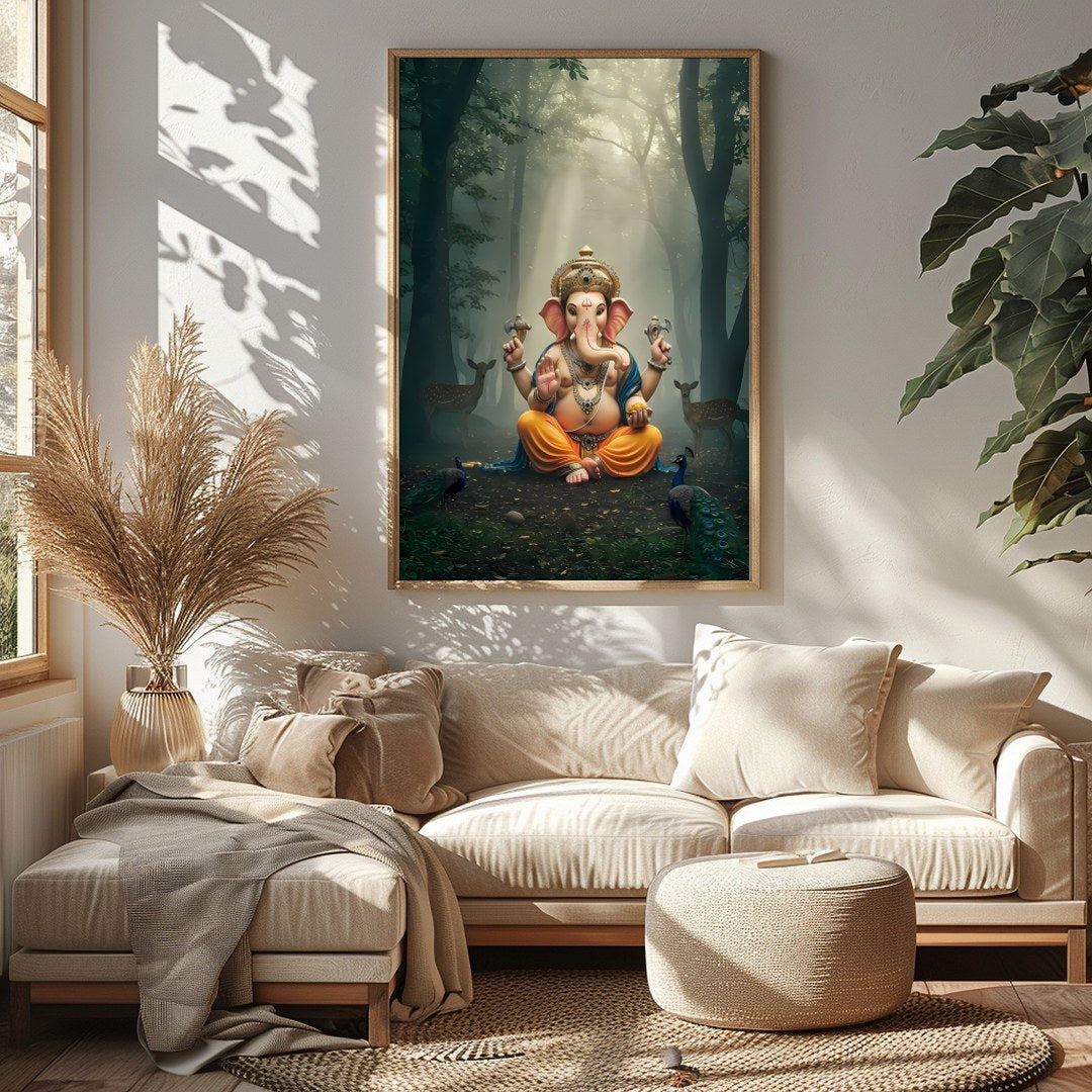 Immerse yourself in tranquility with this captivating artwork depicting Lord Ganesha, seated for Sitting Area