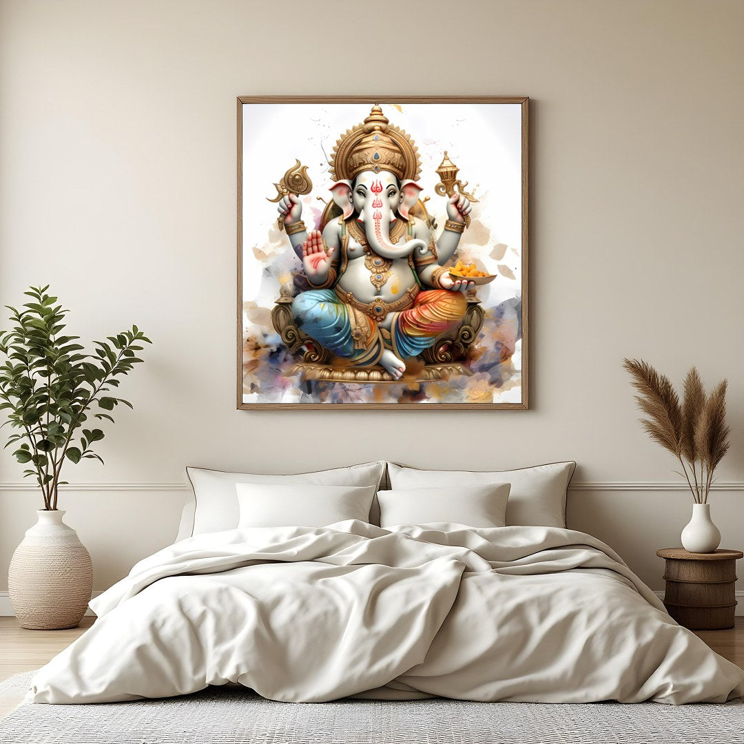 This exquisite wall art features the revered deity Ganesh, intricately depicted with rich detailing for Bedroom