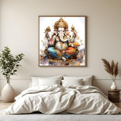 This exquisite wall art features the revered deity Ganesh, intricately depicted with rich detailing for Bedroom