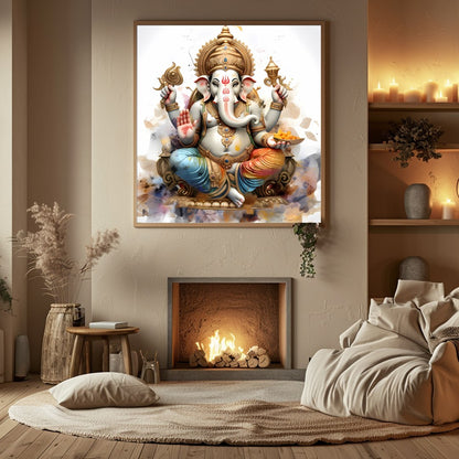 This exquisite wall art features the revered deity Ganesh, intricately depicted with rich detailing for Hall