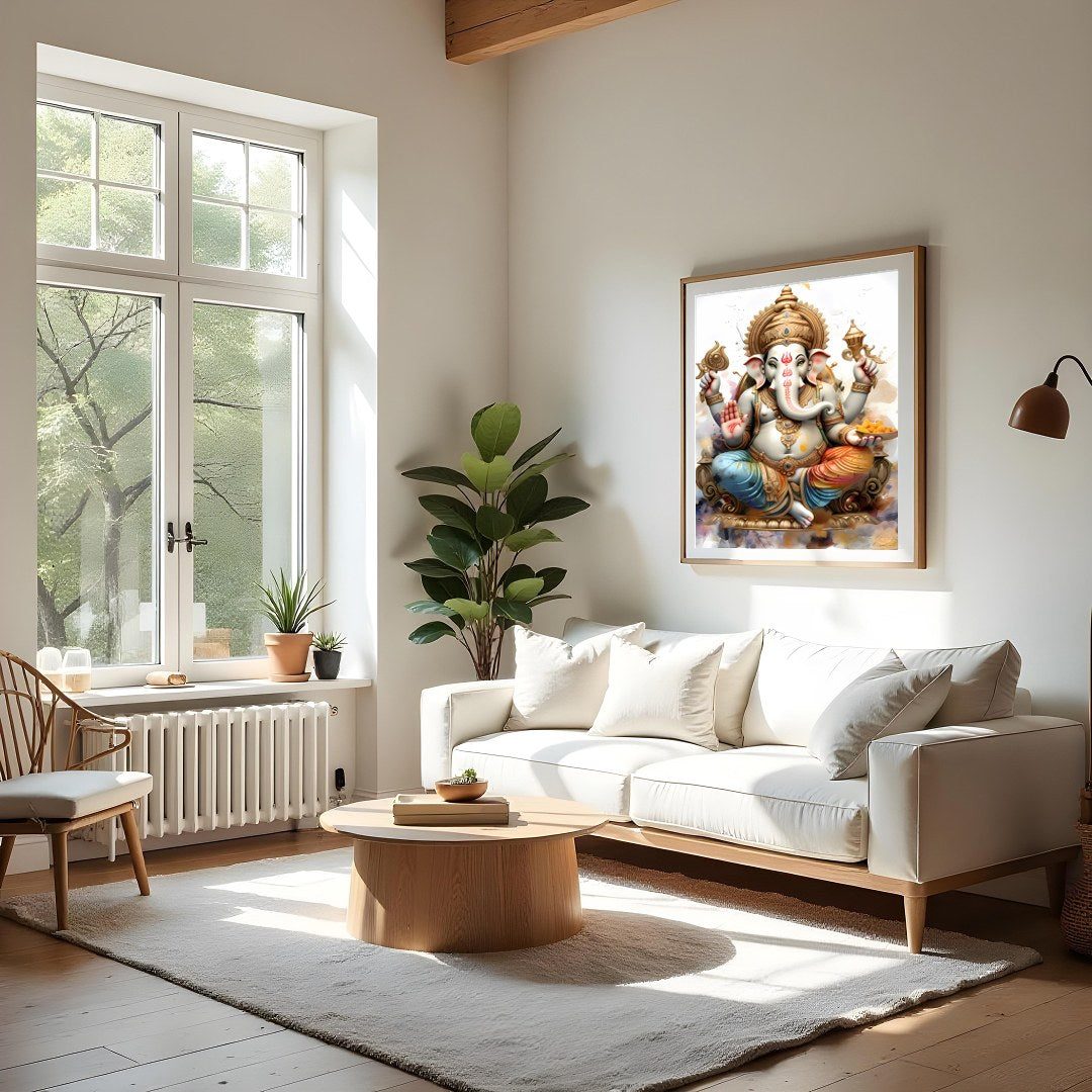 This exquisite wall art features the revered deity Ganesh, intricately depicted with rich detailing for Living Room