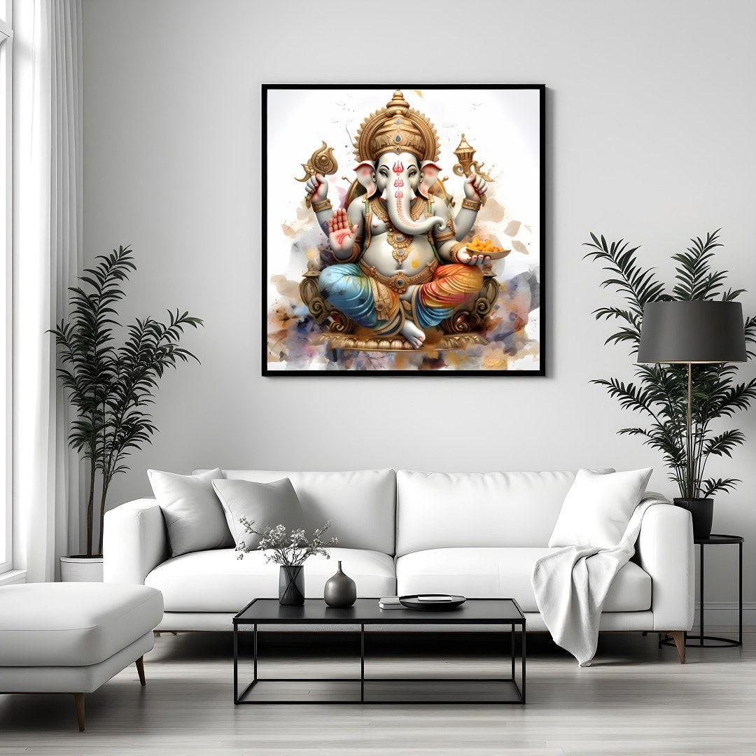 This exquisite wall art features the revered deity Ganesh, intricately depicted with rich detailing for Sitting Area